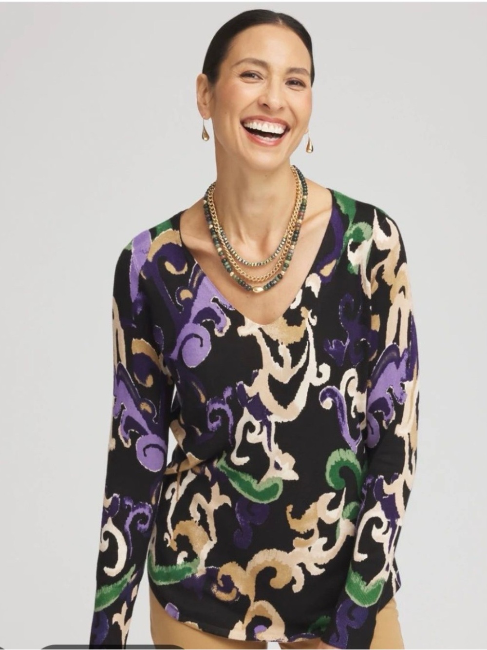 Chico's Long Sleeve V-Neck Top in Black with Purple, Green & Tan Swirl Print